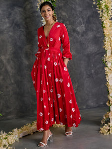 Red Bandhani Modal Satin Maxi Dress