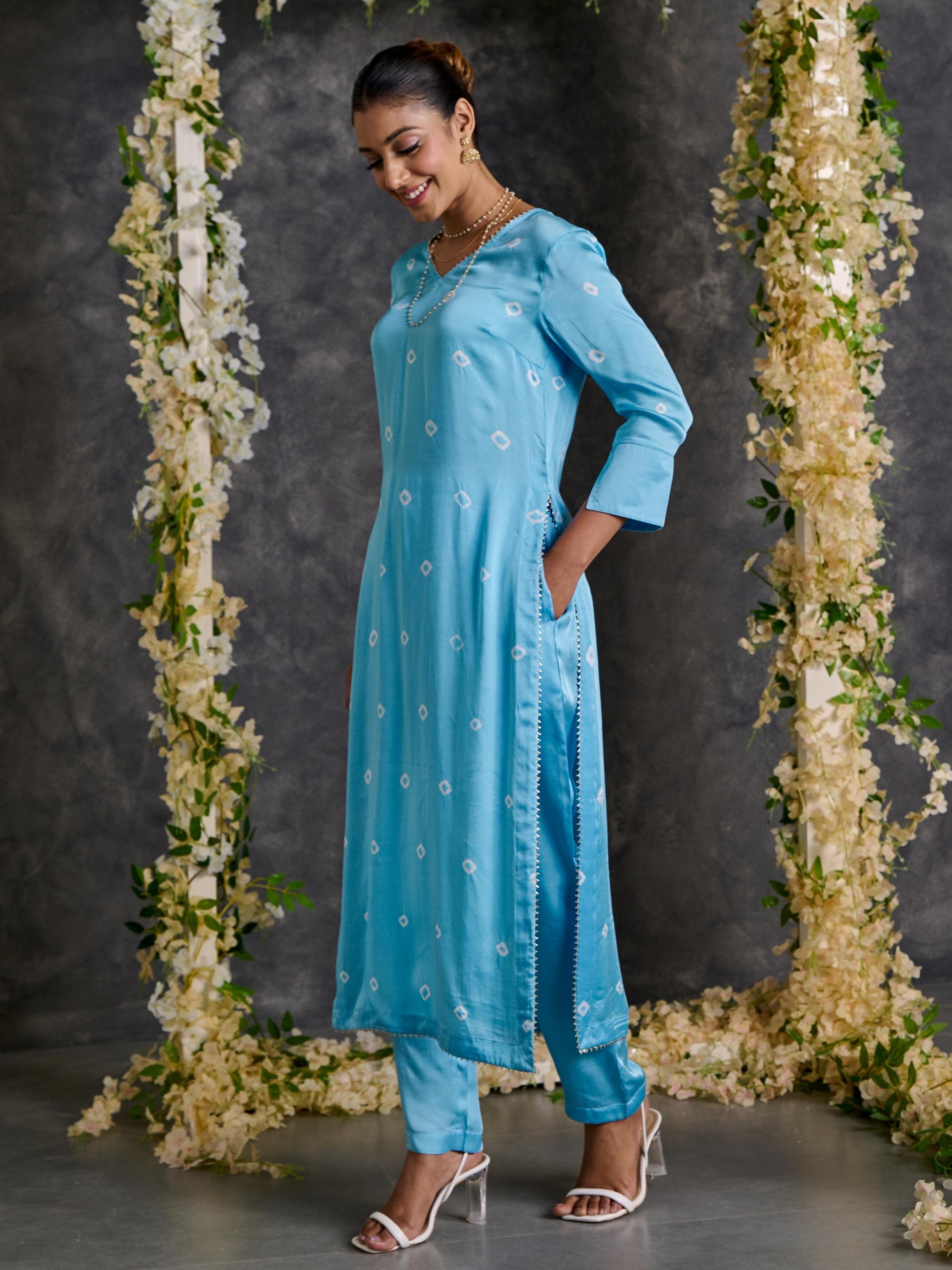 Blue Bandhani High Slit Modal Satin Kurta - Pant Set with Dupatta (Set Of 3)