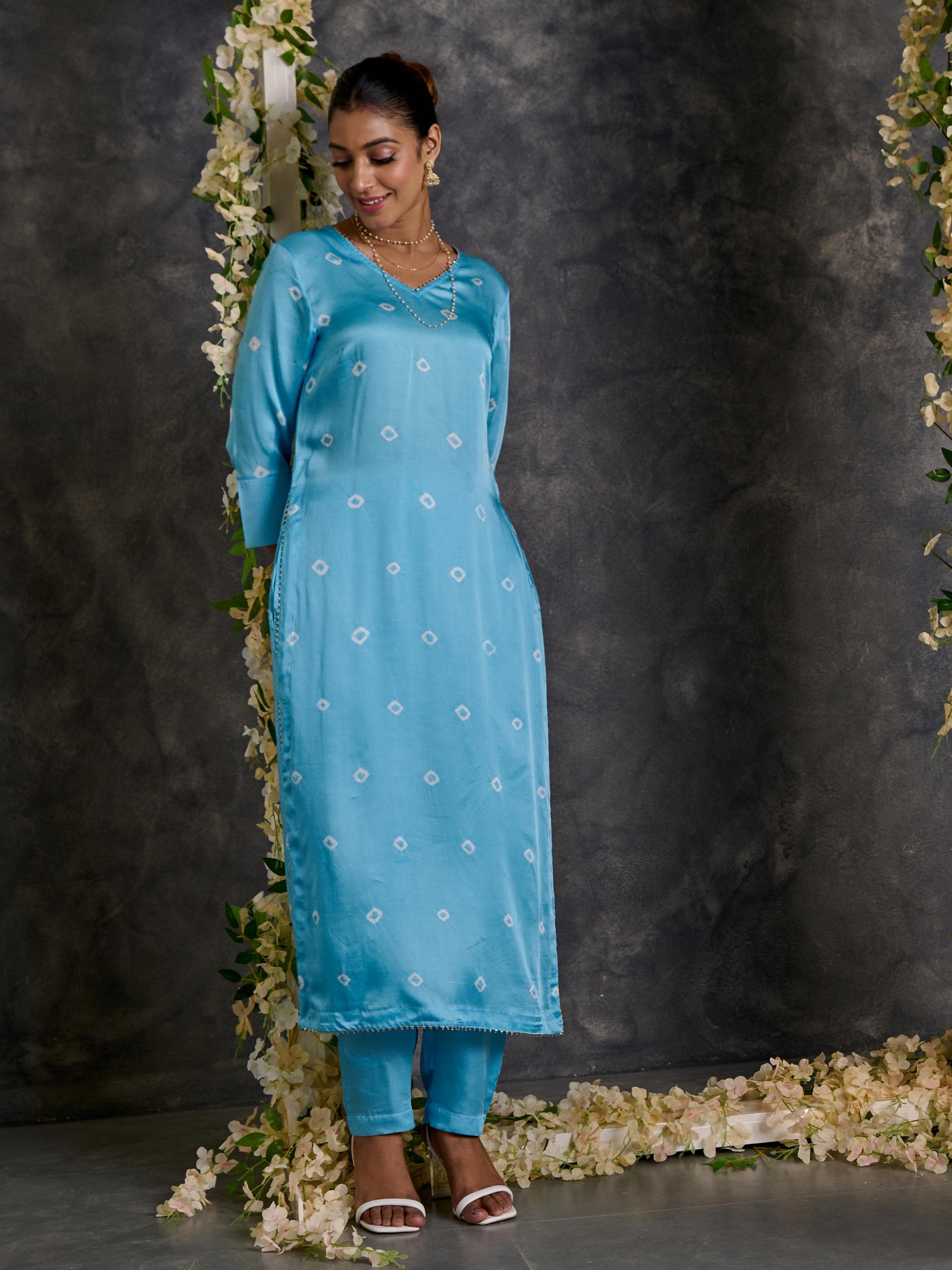 Blue Bandhani High Slit Modal Satin Kurta - Pant Set with Dupatta (Set Of 3)