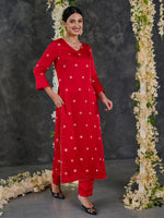 Load image into Gallery viewer, Red Bandhani High Slit Modal Satin Kurta - Pant Set
