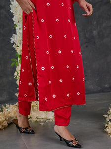 Red Bandhani High Slit Modal Satin Kurta - Pant Set