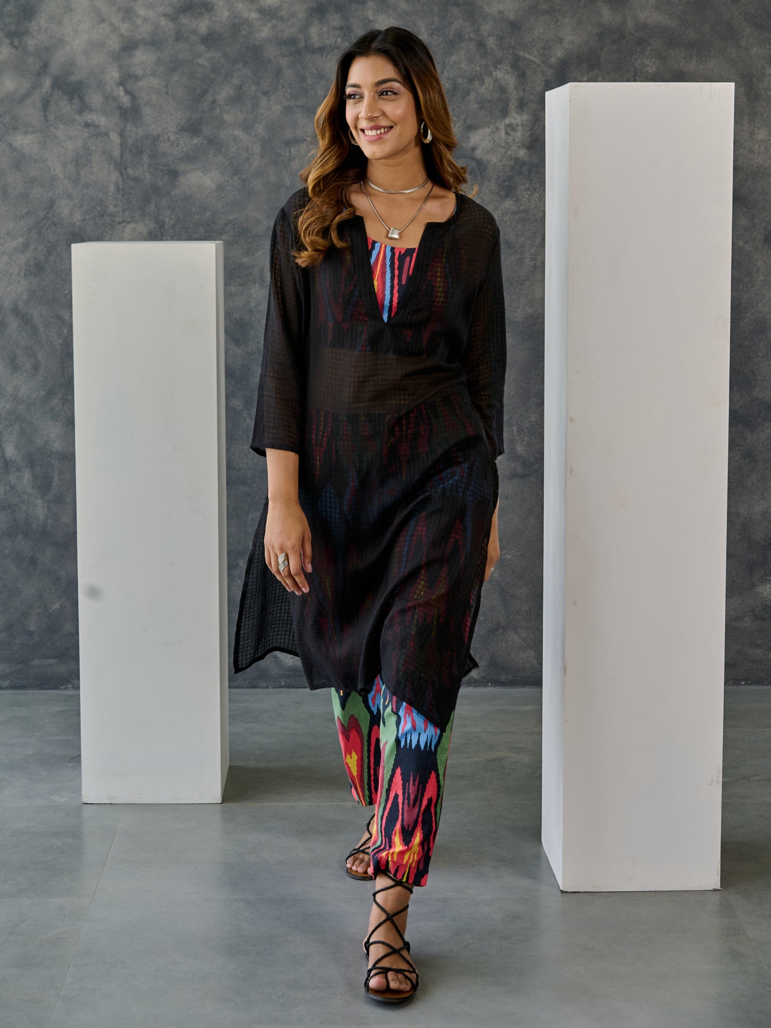 Noir Black Ikat Print Cotton Kurta Pant Set