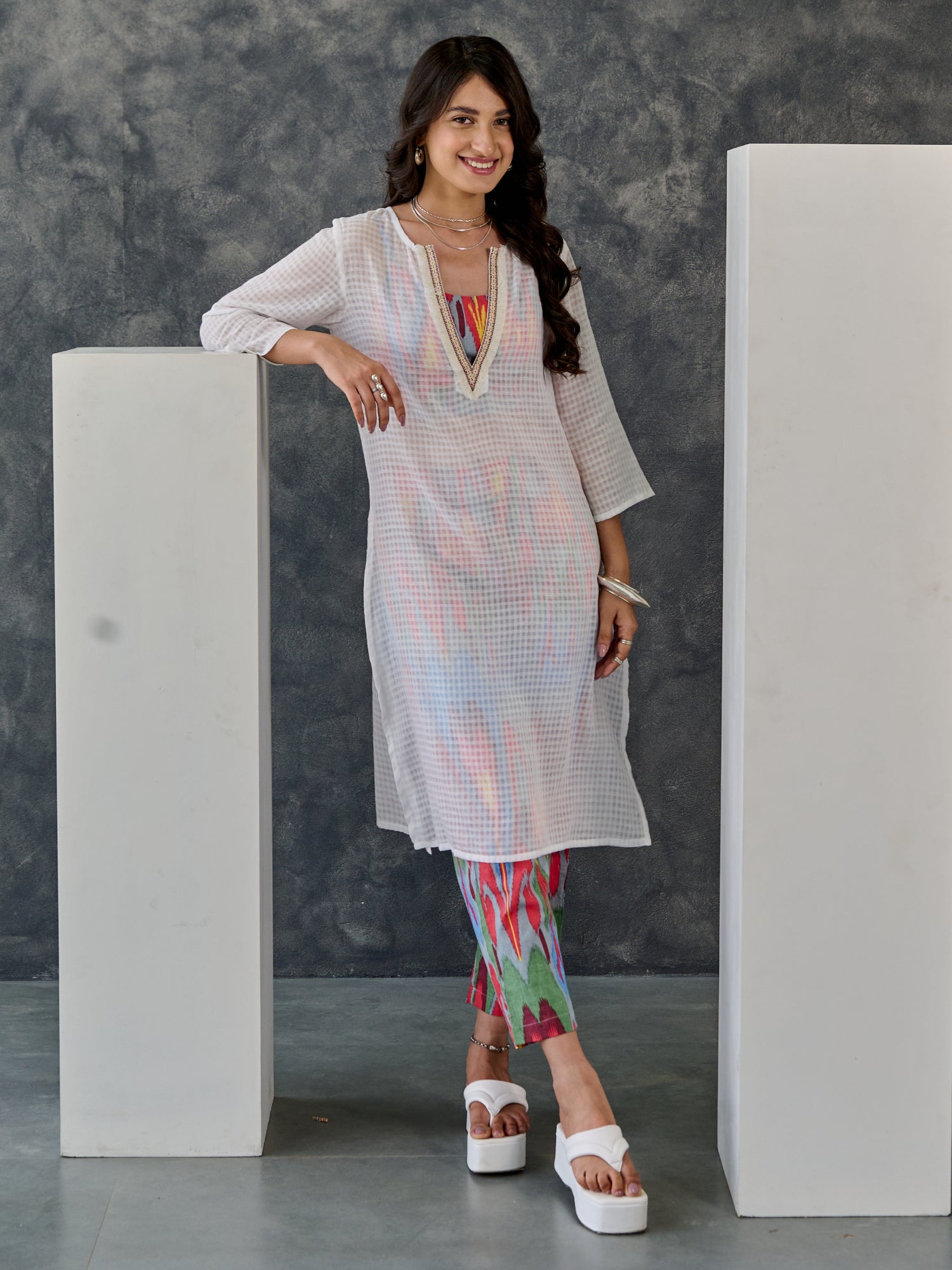 Joy Grey Ikat Print Cotton Kurta Pant Set