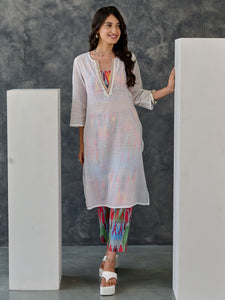 Joy Grey Ikat Print Cotton Kurta Pant Set