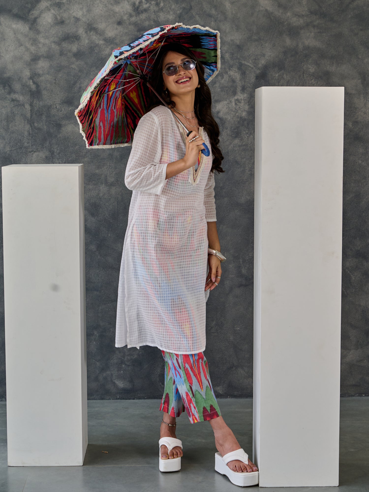 Joy Grey Ikat Print Cotton Kurta Pant Set