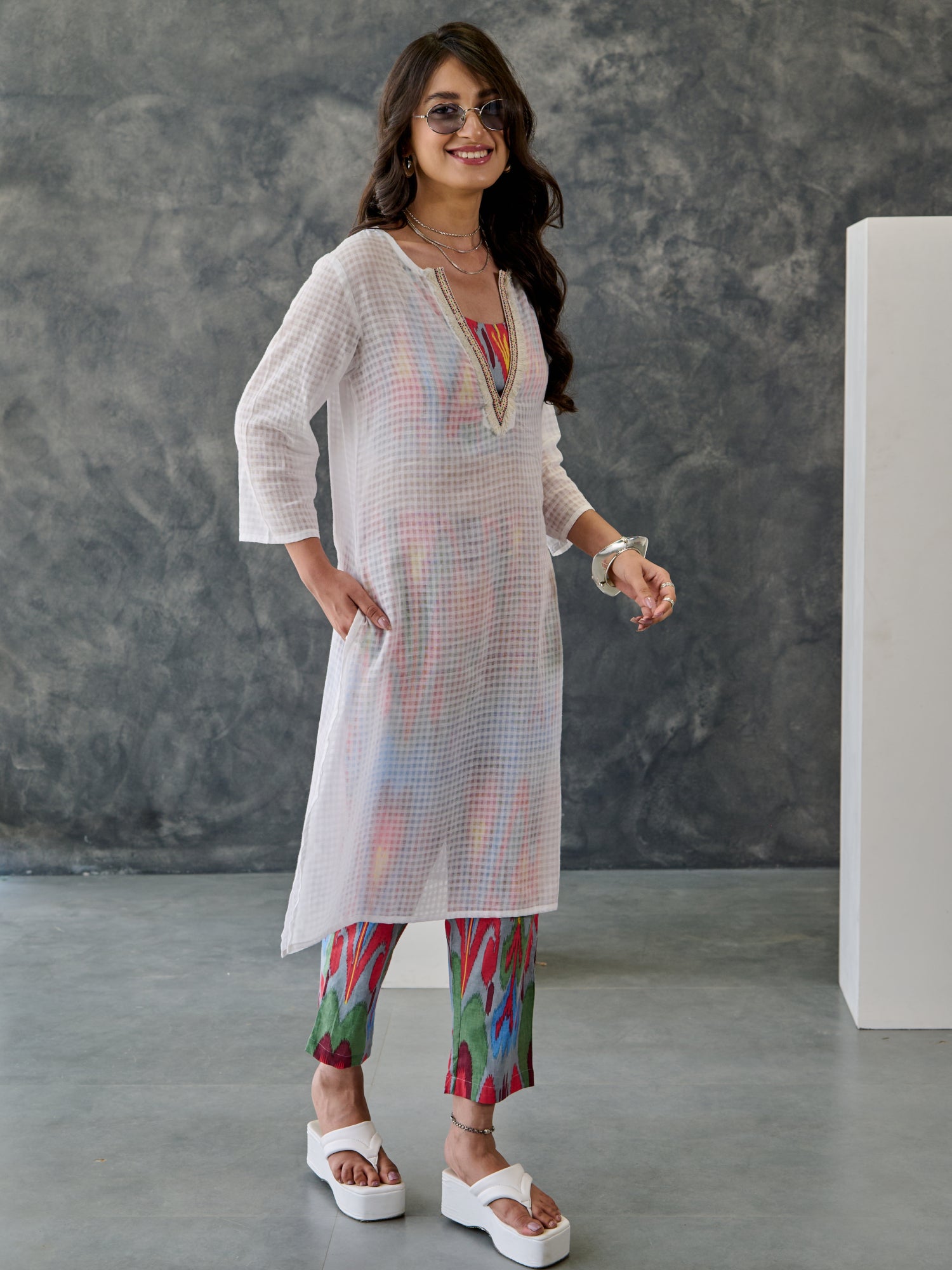 Joy Grey Ikat Print Cotton Kurta Pant Set