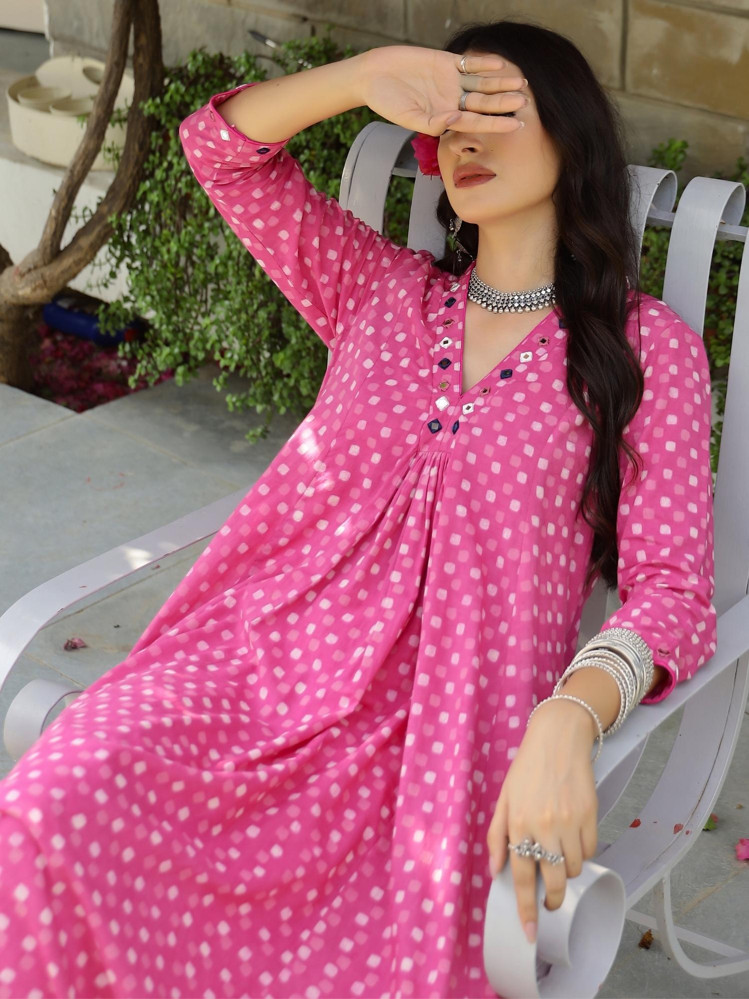 Pink Polka Dabu Print Kurta-Pant Set