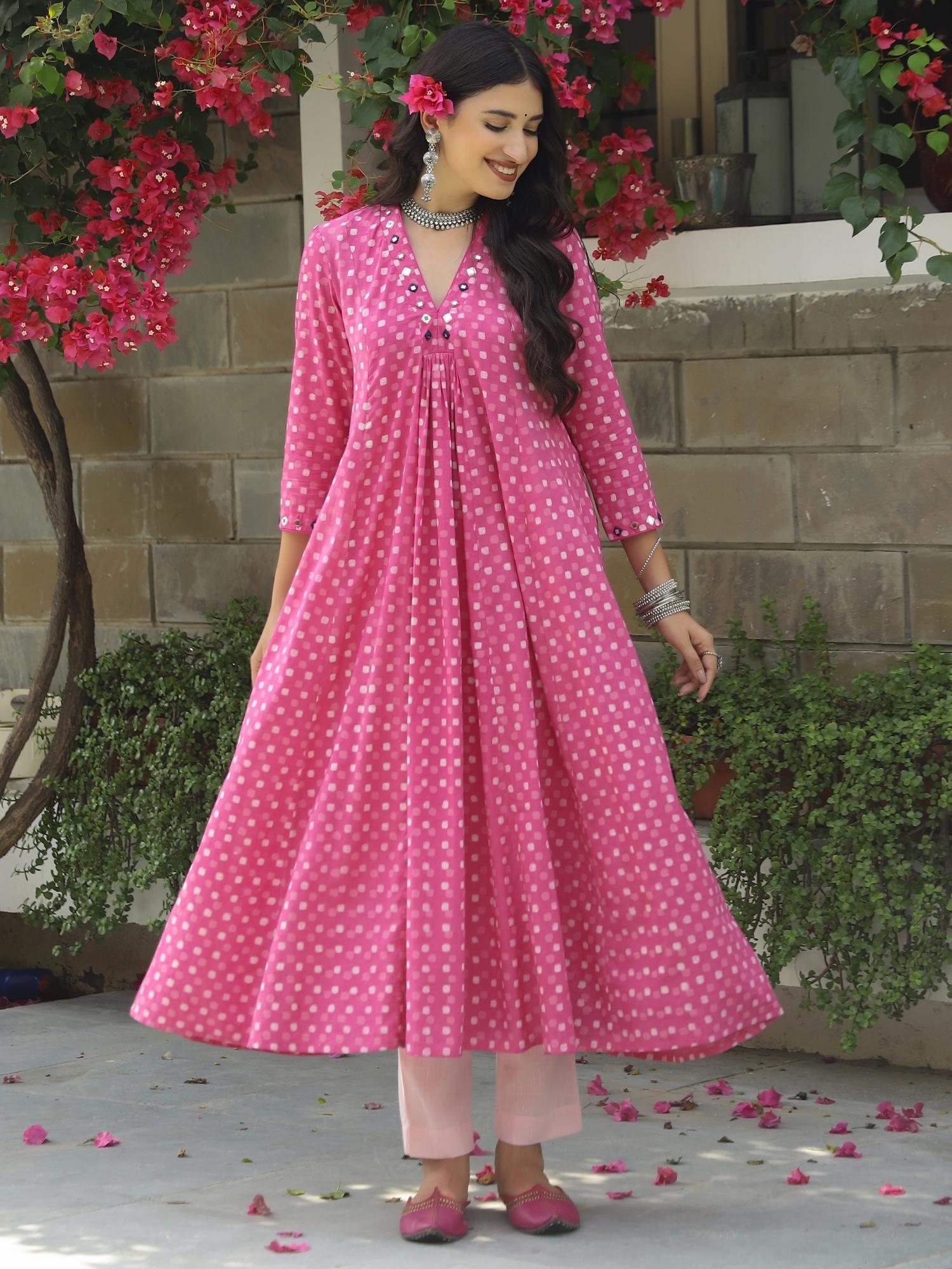 Pink Polka Dabu Print Kurta-Pant Set