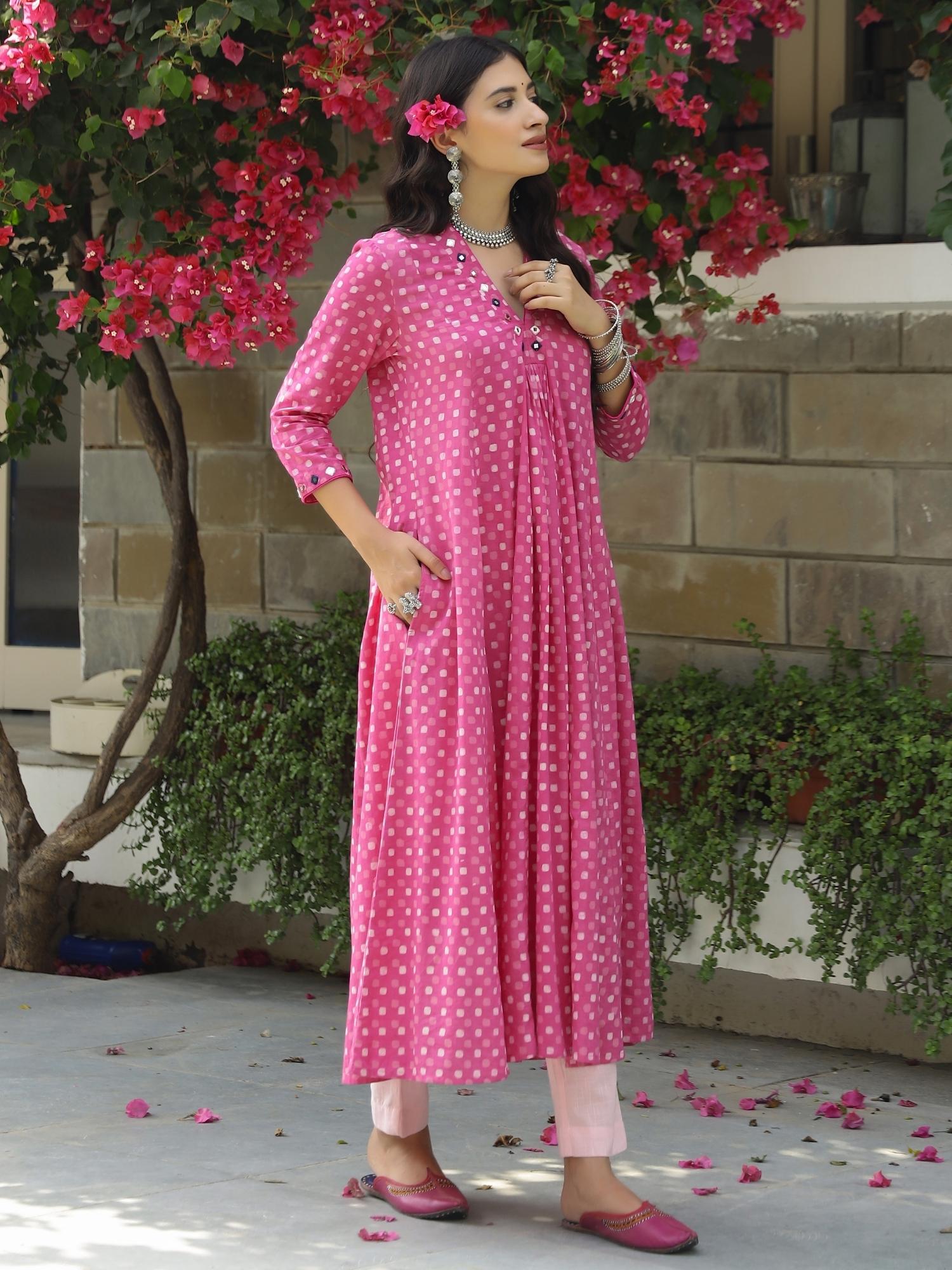 Pink Polka Dabu Print Kurta-Pant Set