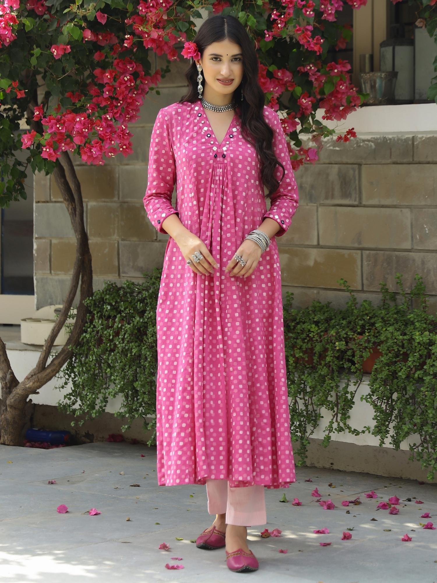 Pink Polka Dabu Print Kurta-Pant Set