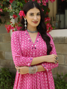 Pink Polka Dabu Print Kurta-Pant Set