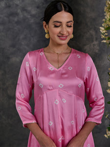 Pink Bandhani A-Line Modal Satin Kurta- Flared Pant Set