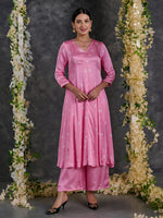 Load image into Gallery viewer, Pink Bandhani A-Line Modal Satin Kurta- Flared Pant Set
