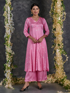 Pink Bandhani A-Line Modal Satin Kurta- Flared Pant Set