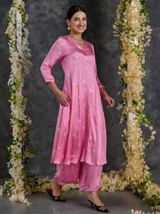 Pink Bandhani A-Line Modal Satin Kurta- Flared Pant Set