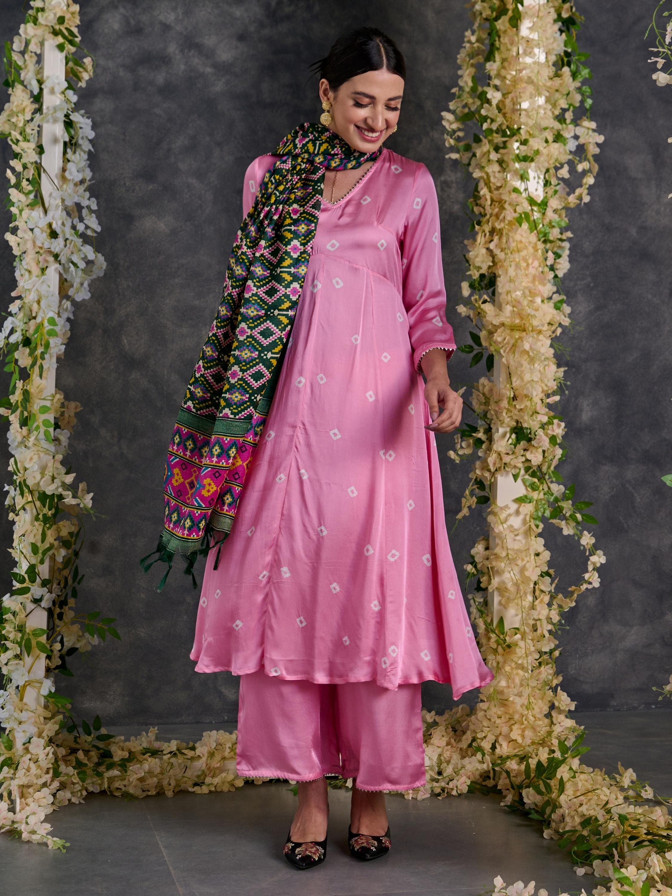 Pink Bandhani A-Line Modal Satin Kurta- Flared Pant Set with Dupatta (Set Of 3)