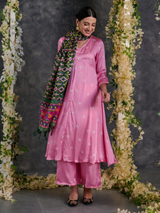 Pink Bandhani A-Line Modal Satin Kurta- Flared Pant Set with Dupatta (Set Of 3)