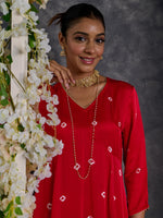 Load image into Gallery viewer, Red Bandhani A-Line Modal Satin Kurta- Flared Pant Set
