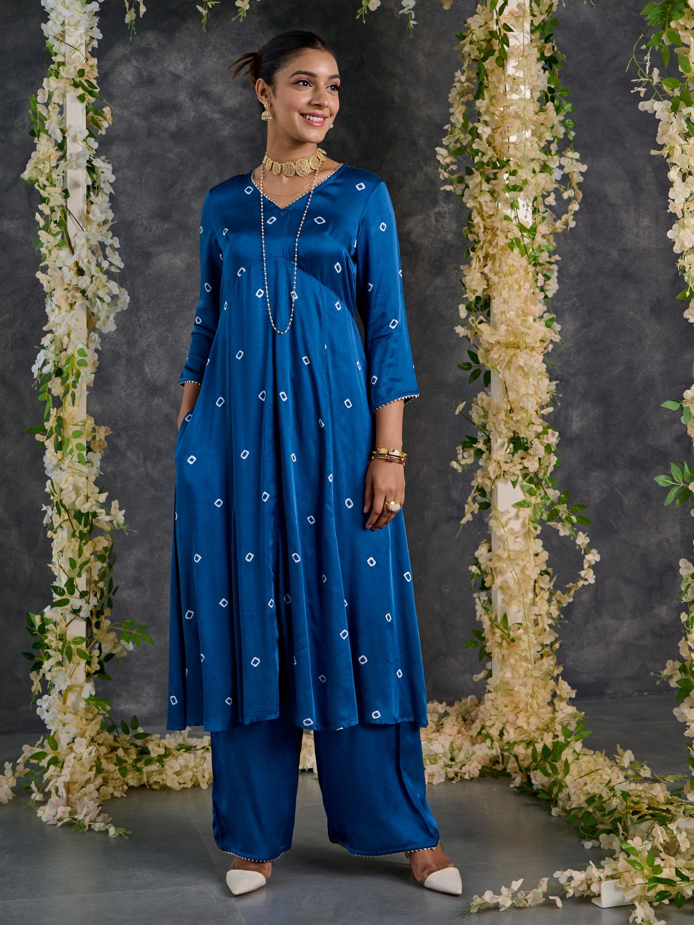 Indigo Bandhani A-Line Modal Satin Kurta- Flared Pant Set