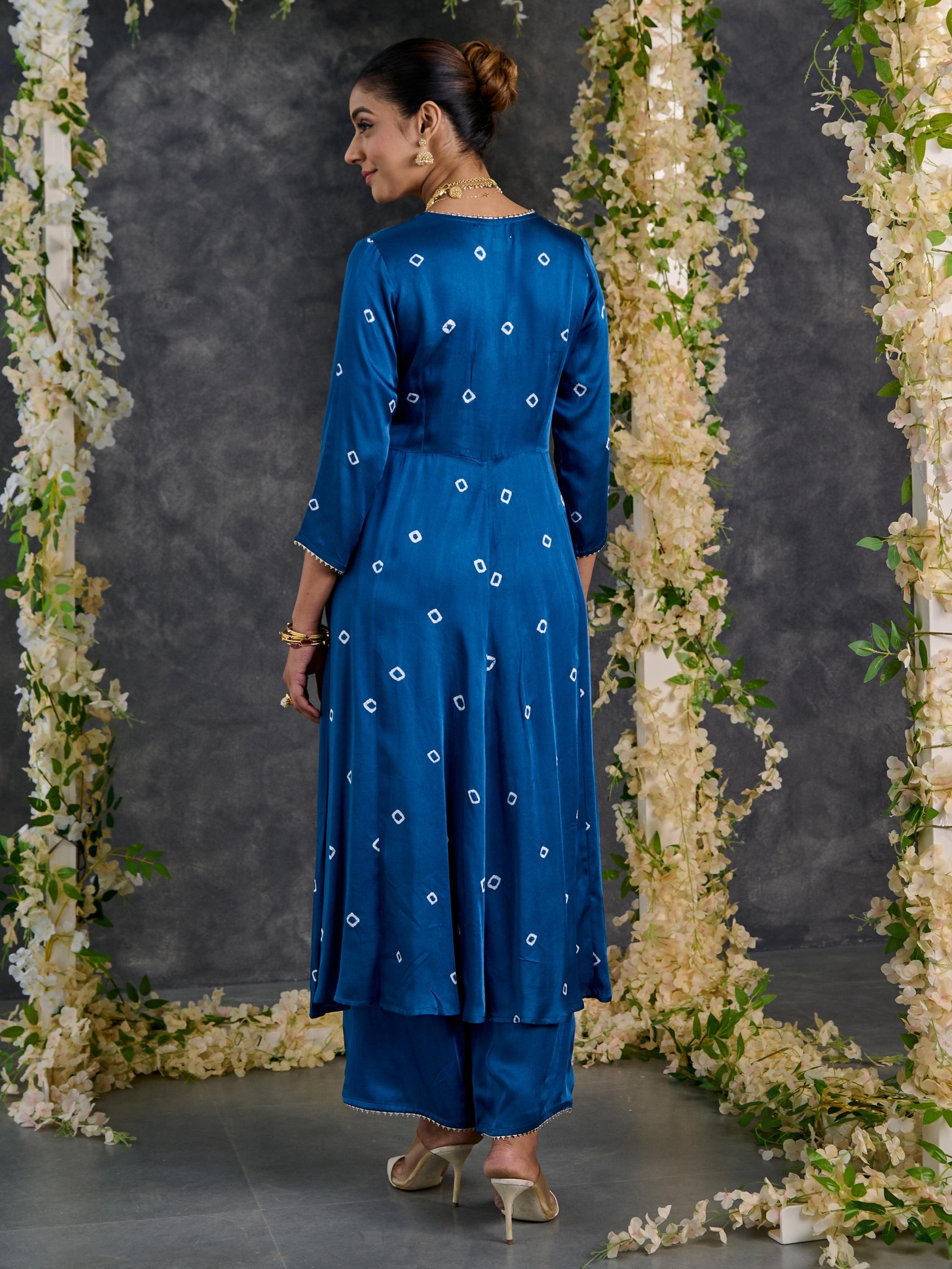 Indigo Bandhani A-Line Modal Satin Kurta- Flared Pant Set