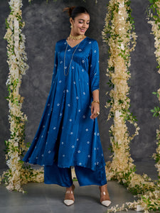 Indigo Bandhani A-Line Modal Satin Kurta- Flared Pant Set