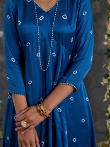 Indigo Bandhani A-Line Modal Satin Kurta- Flared Pant Set