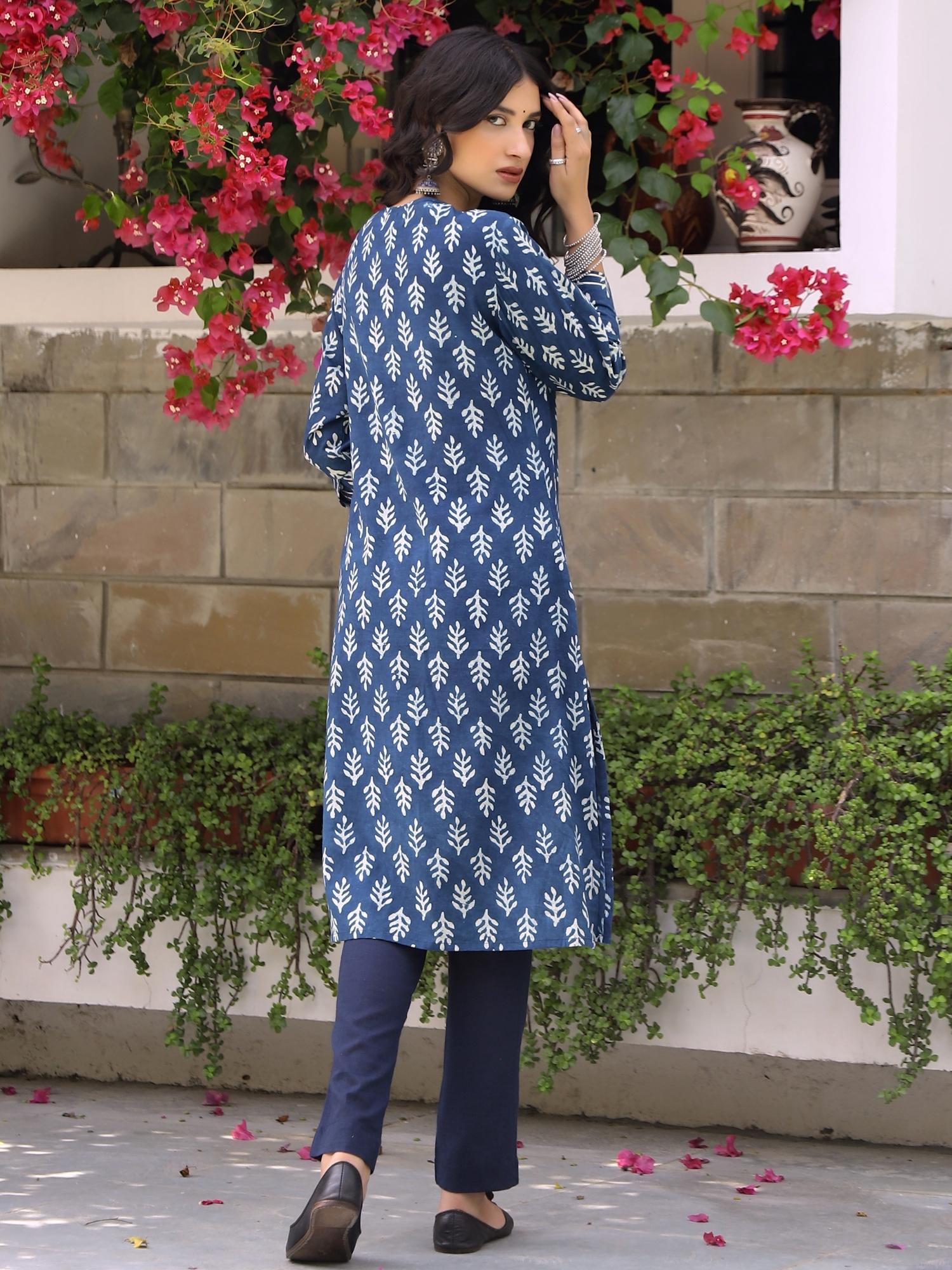 Indigo Floral Dabu Print Kurta-Pant Set