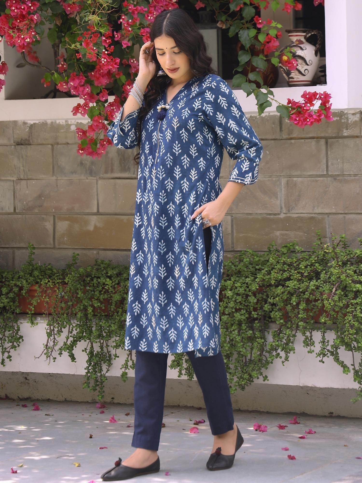 Indigo Floral Dabu Print Kurta-Pant Set