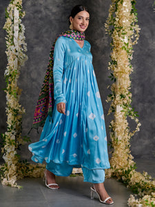 Blue Bandhani Anarkali Modal Satin Kurta- Flared Pant Set with Dupatta (Set Of 3)