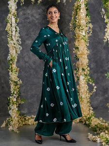 Green Bandhani Anarkali Modal Satin Kurta- Flared Pant Set with Dupatta (Set Of 3)