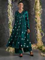 Load image into Gallery viewer, Green Bandhani Anarkali Modal Satin Kurta- Flared Pant Set with Dupatta (Set Of 3)
