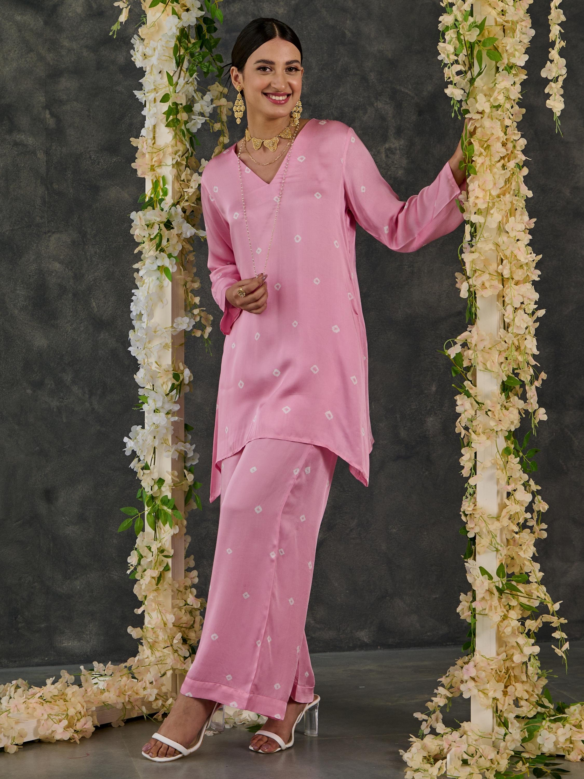 Pink Bandhani Modal Satin Short Kurta-Pant (Set Of 2)