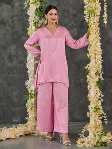 Pink Bandhani Modal Satin Short Kurta-Pant (Set Of 2)