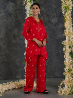 Load image into Gallery viewer, Red Bandhani Modal Satin Short Kurta-Pant (Set Of 2)
