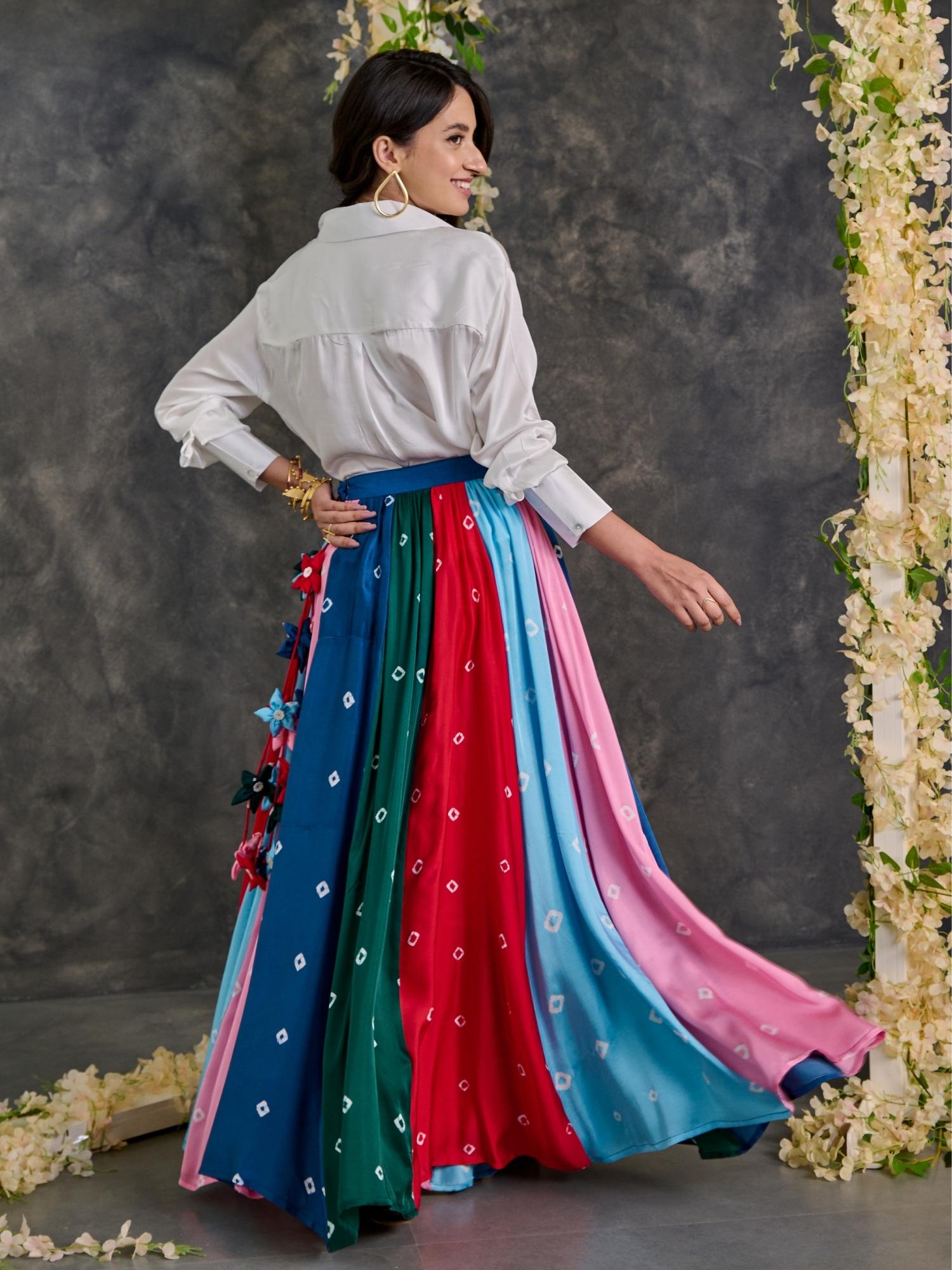 White Shirt with bandhani Modal Satin Skirt