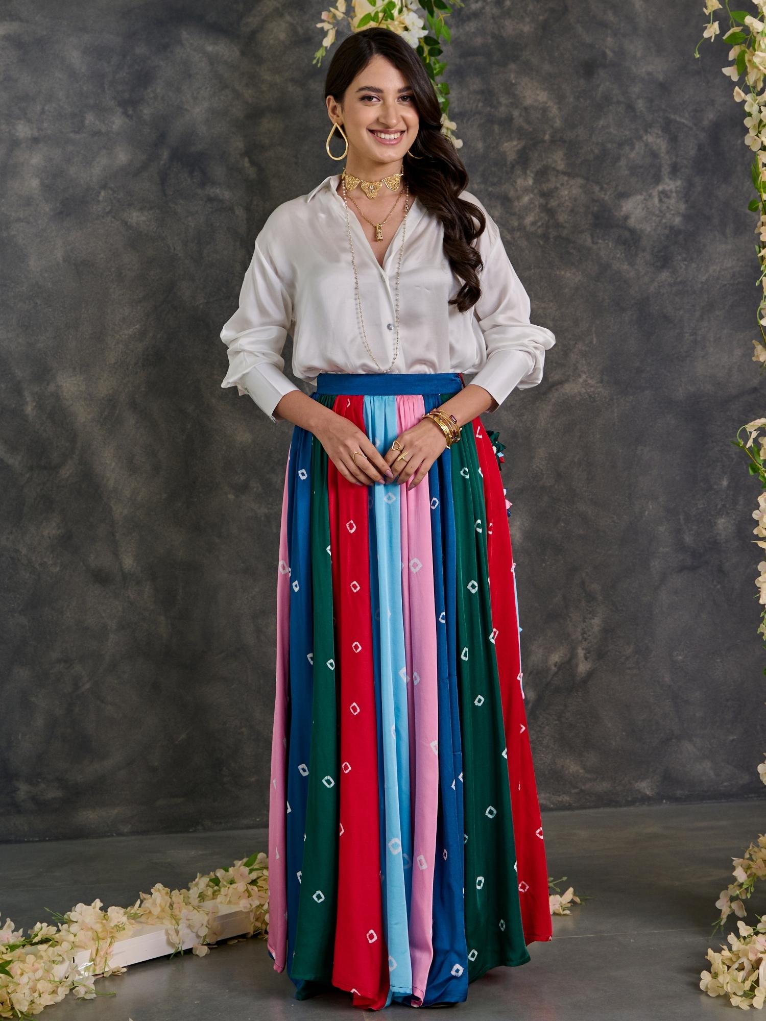 White Shirt with bandhani Modal Satin Skirt