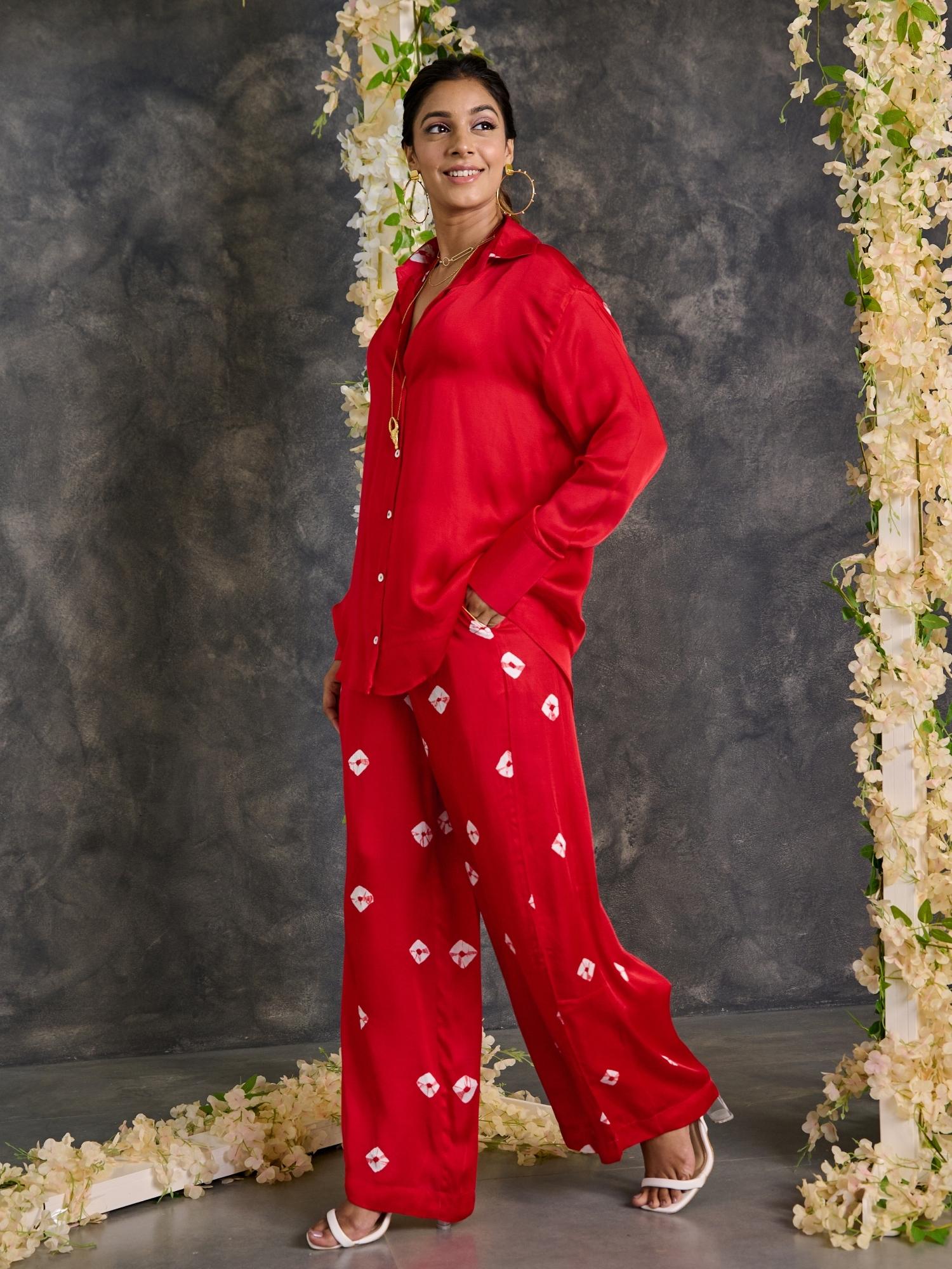 Red Bandhani Modal Satin Co-Ord Set