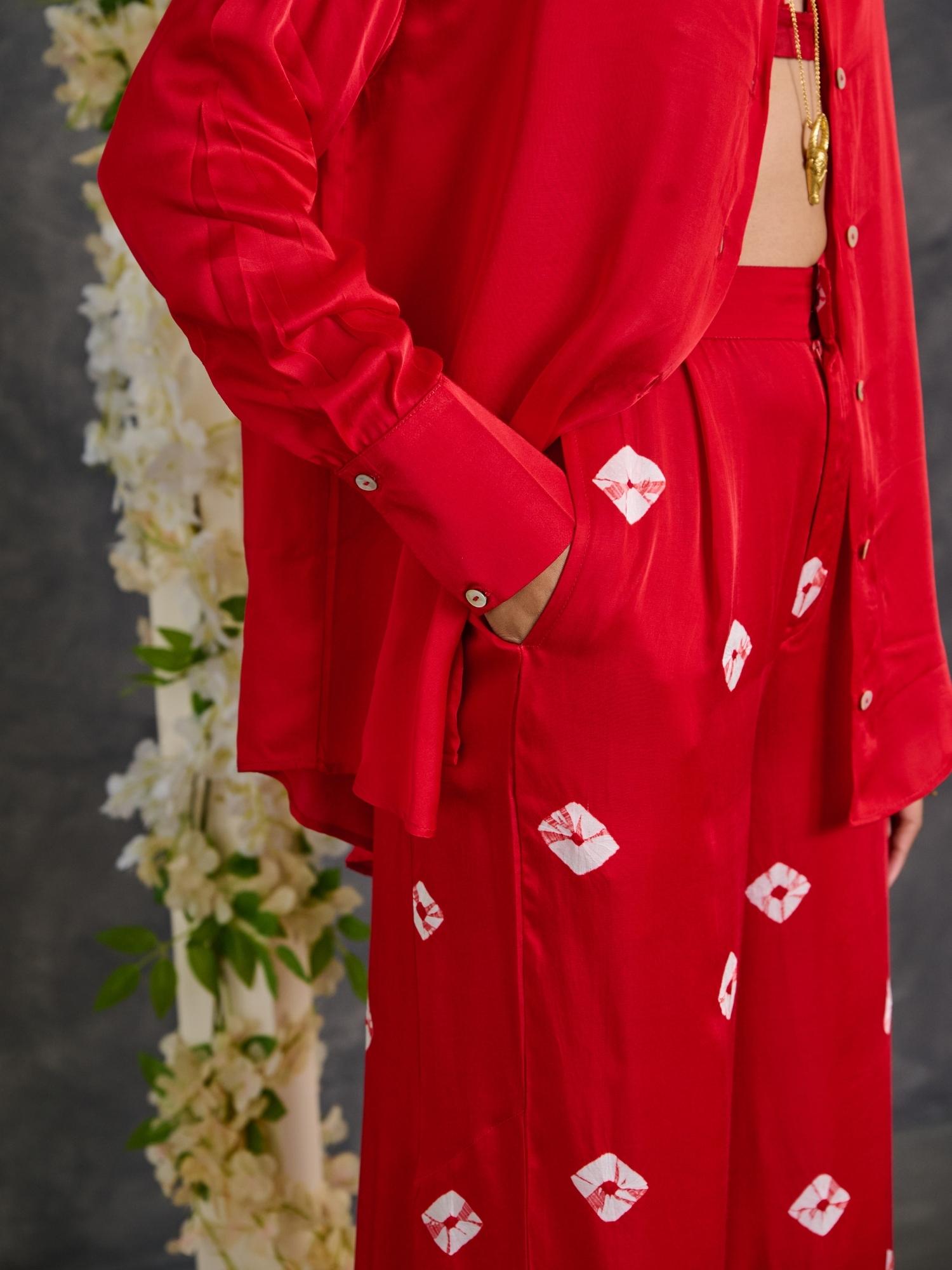 Red Bandhani Modal Satin Co-Ord Set