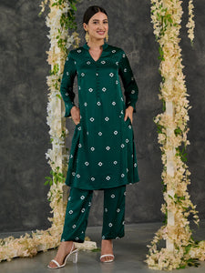 Green Bandhani Modal Satin Kurta-Pant (Set Of 2)