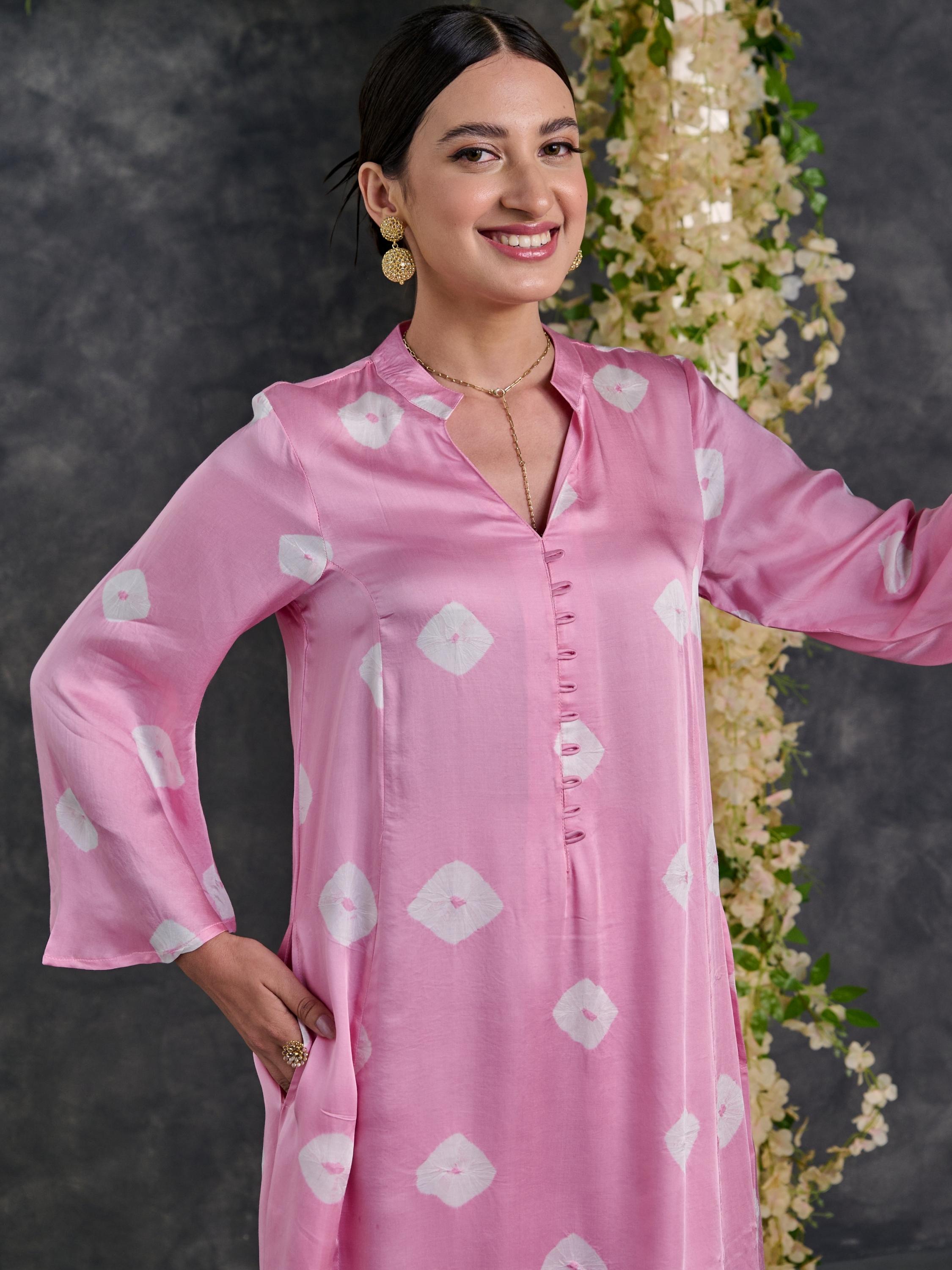 Pink Bandhani Modal Satin Kurta-Pant (Set Of 2)