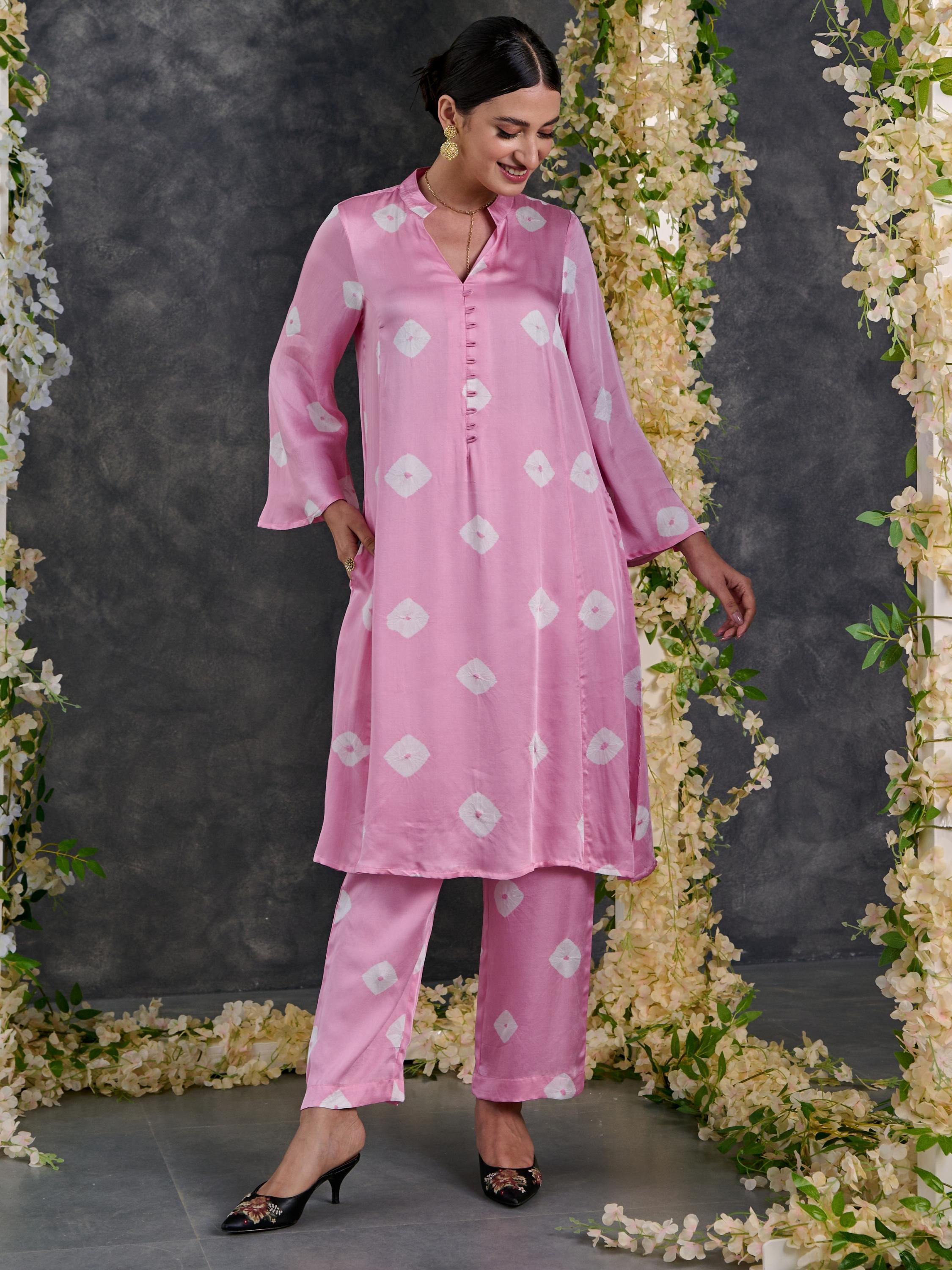 Pink Bandhani Modal Satin Kurta-Pant (Set Of 2)