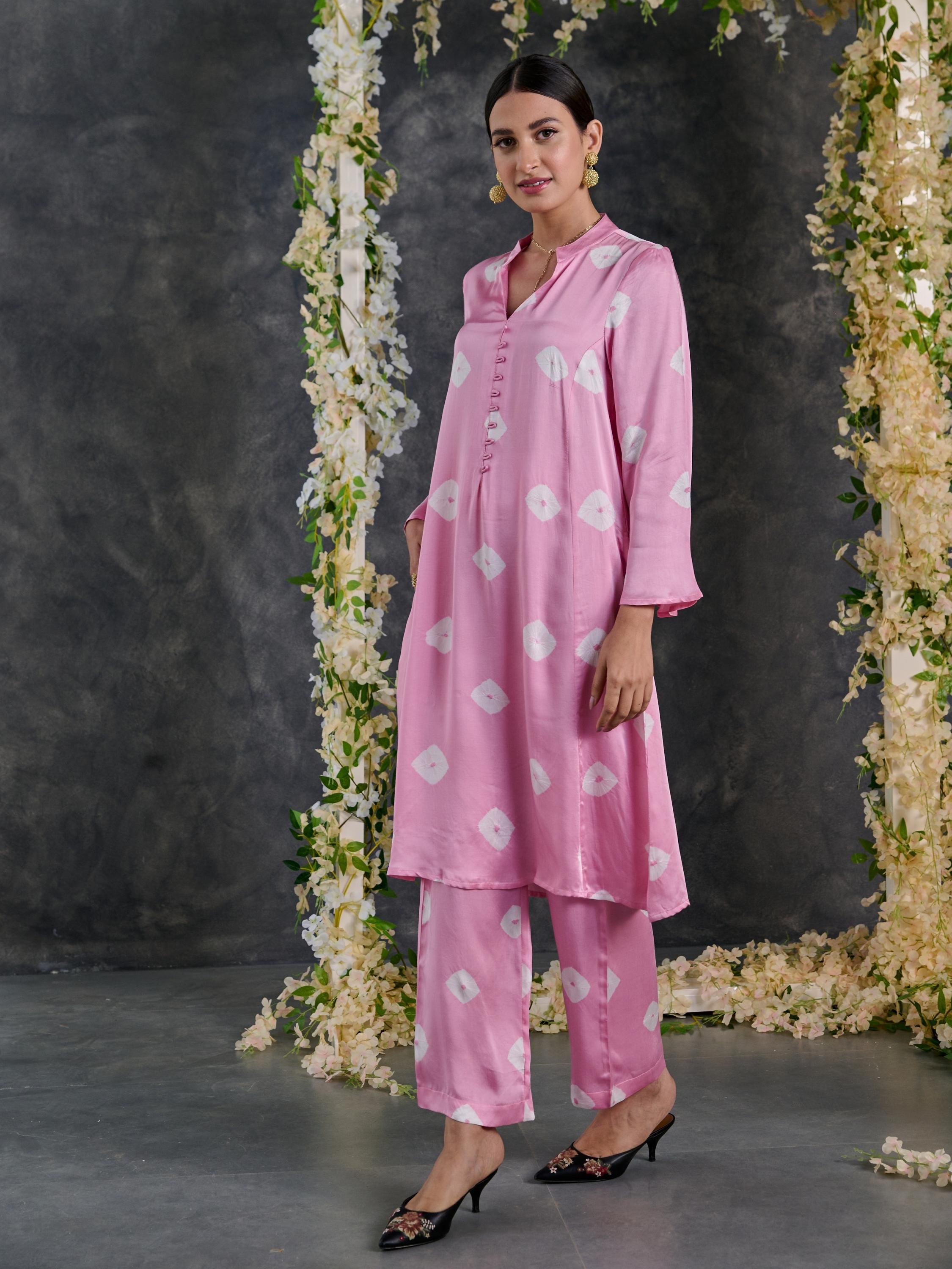 Pink Bandhani Modal Satin Kurta-Pant (Set Of 2)