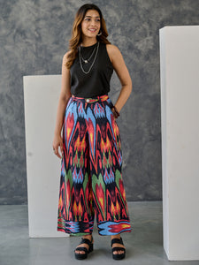 Ikat Print Black Blazer -Flared Pant set with Tank Top