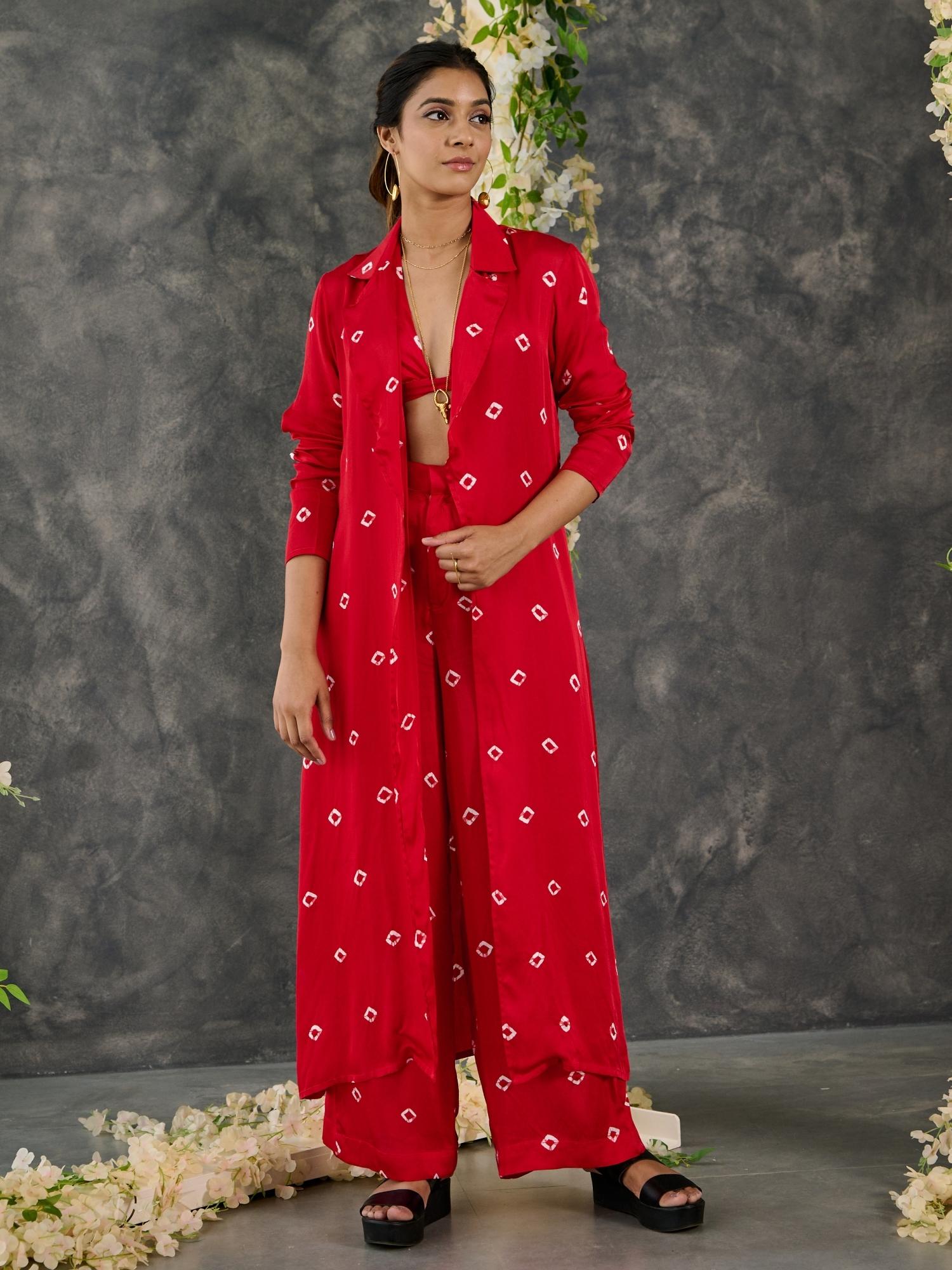 Red Bandhani Modal Satin Two-Piece Set