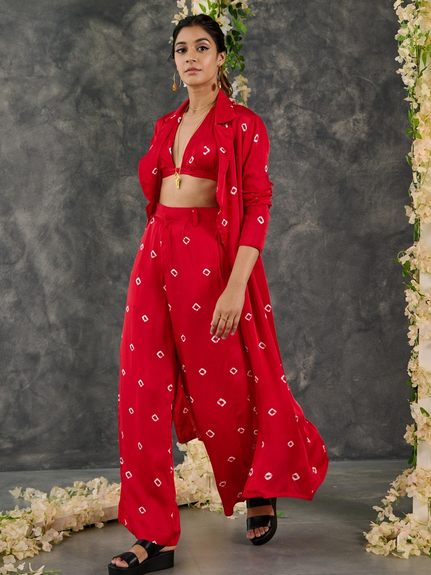 Red Bandhani Modal Satin Two-Piece Set