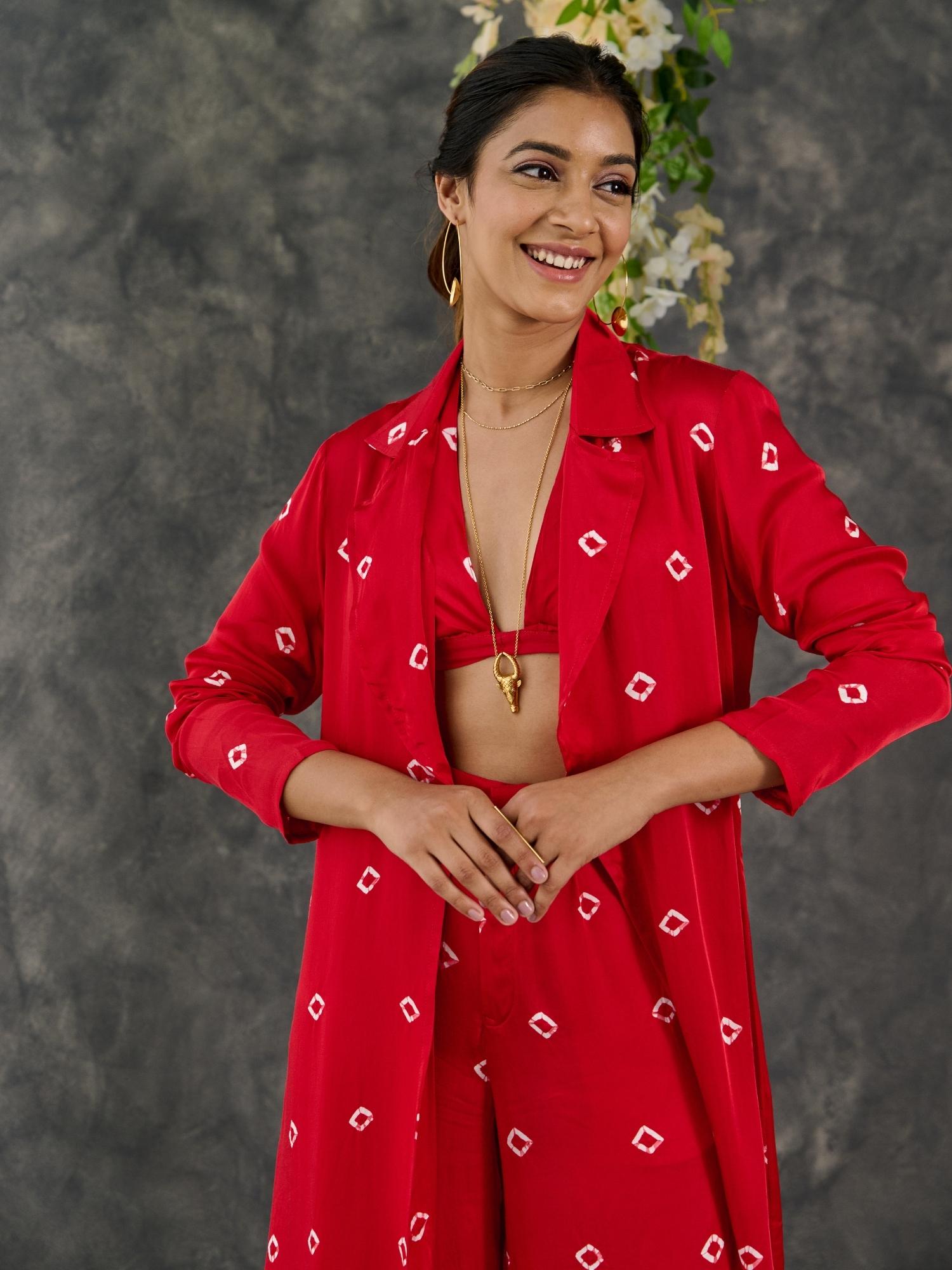 Red Bandhani Modal Satin Two-Piece Set