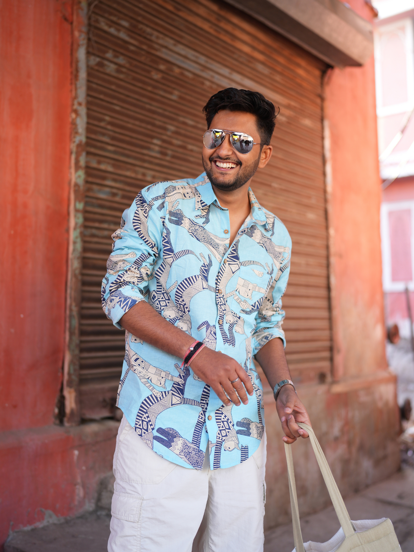 Meow Blue Cotton Men Shirt