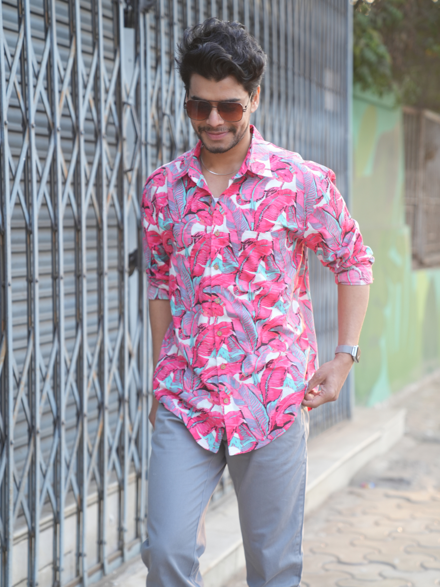 Palm Pink Cotton Men Shirt