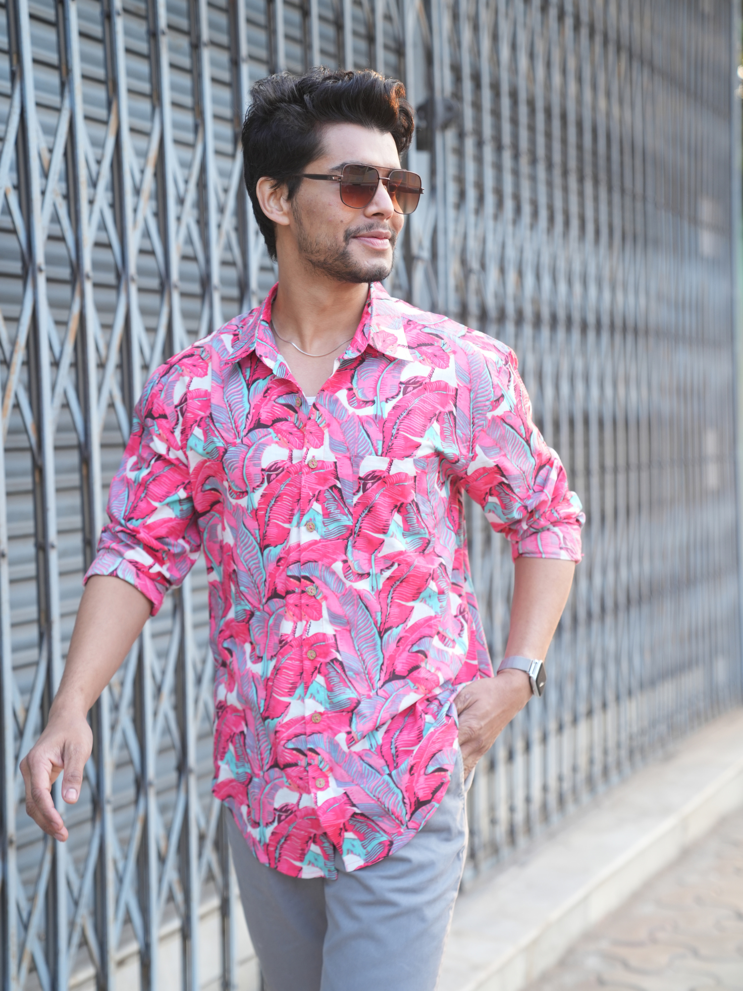 Palm Pink Cotton Men Shirt