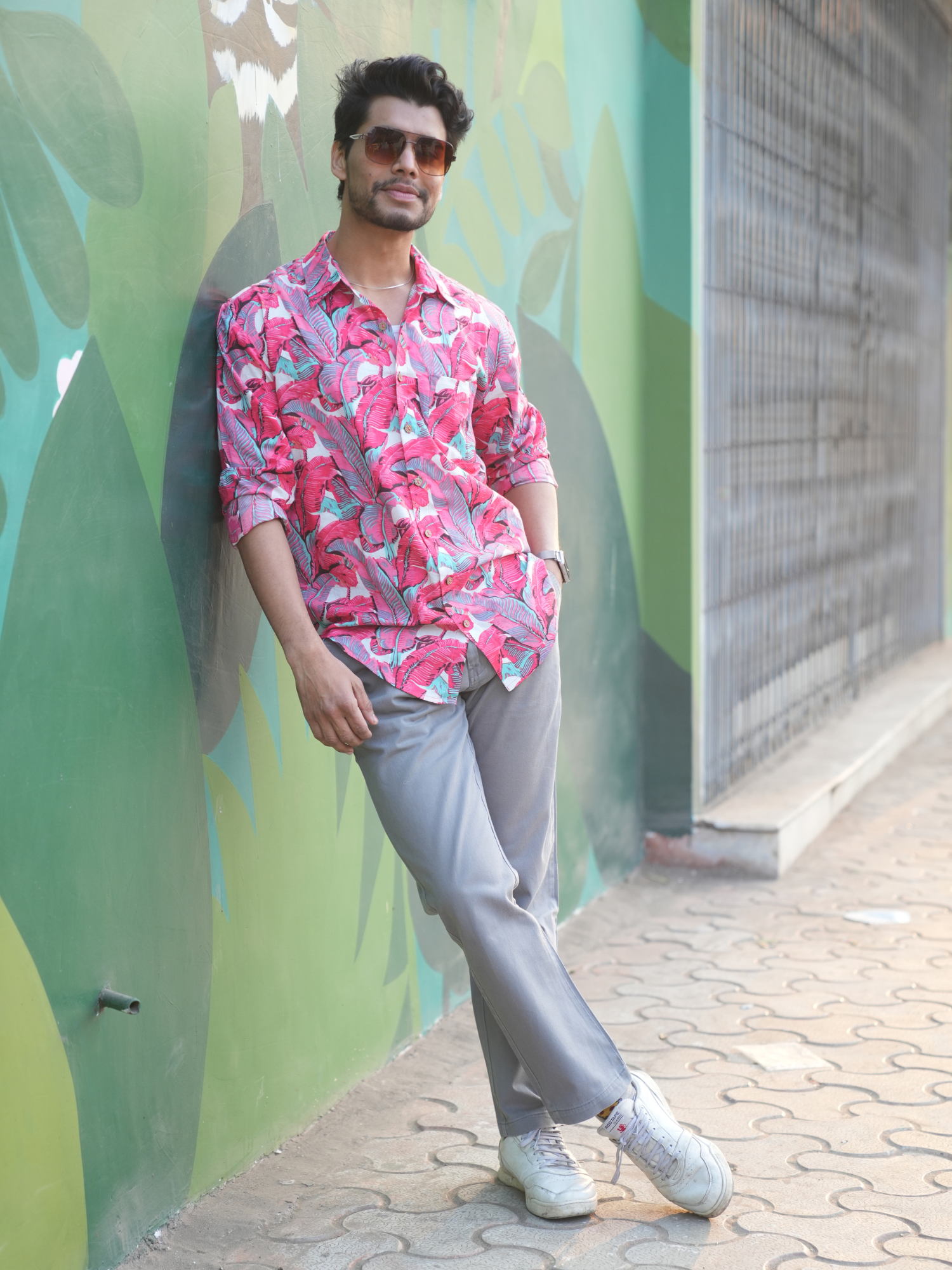 Palm Pink Cotton Men Shirt